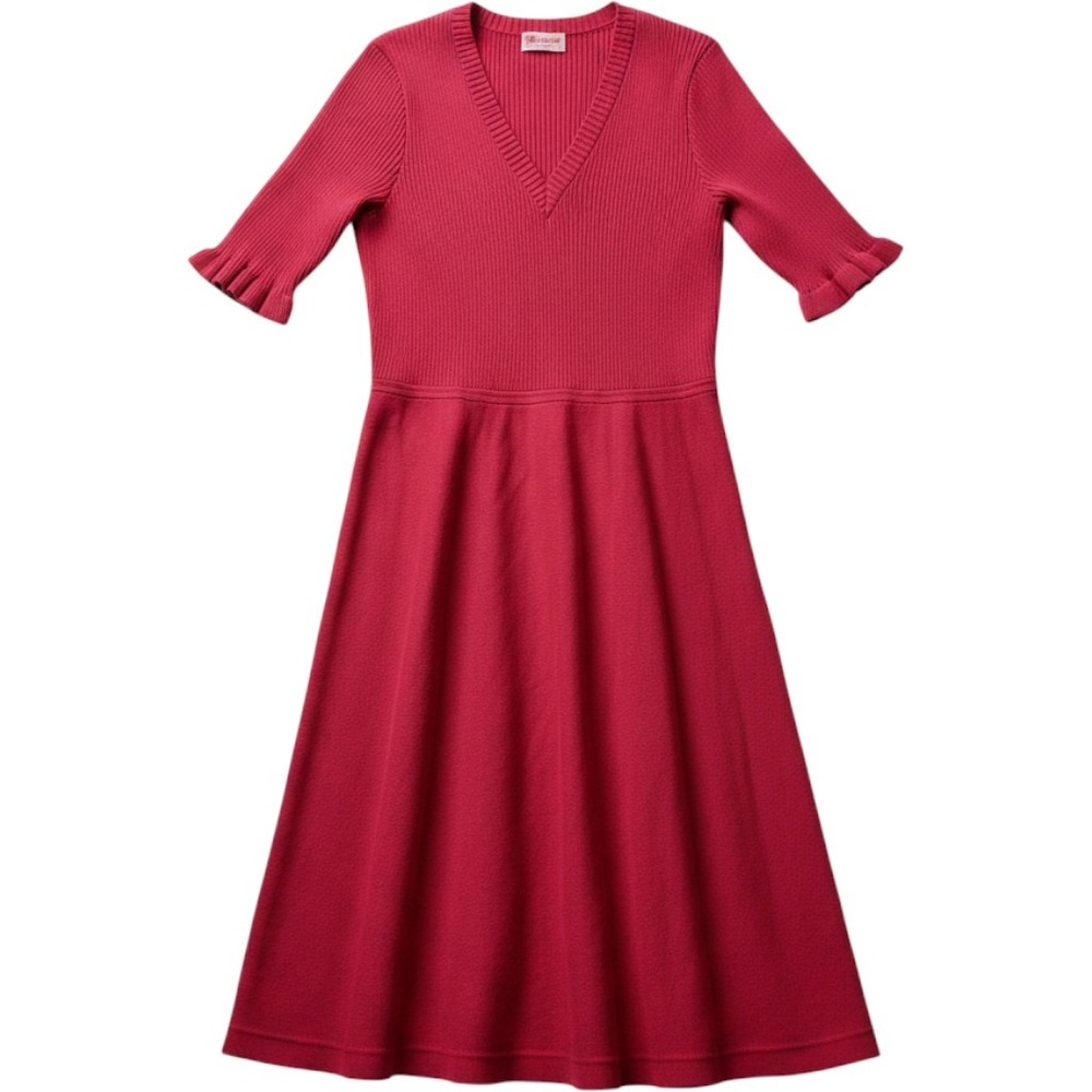 Kate Spade Knit Dress Women M Pink V-Neck Ruffle‎ Sleeve Fit and Flare Ribbed